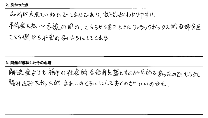 対応が大変ていねいでこまめであり、状況がわかりやすい