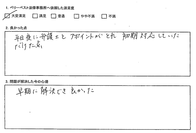 平日夜に弁護士とアポイントが取れ初期対応していただけた